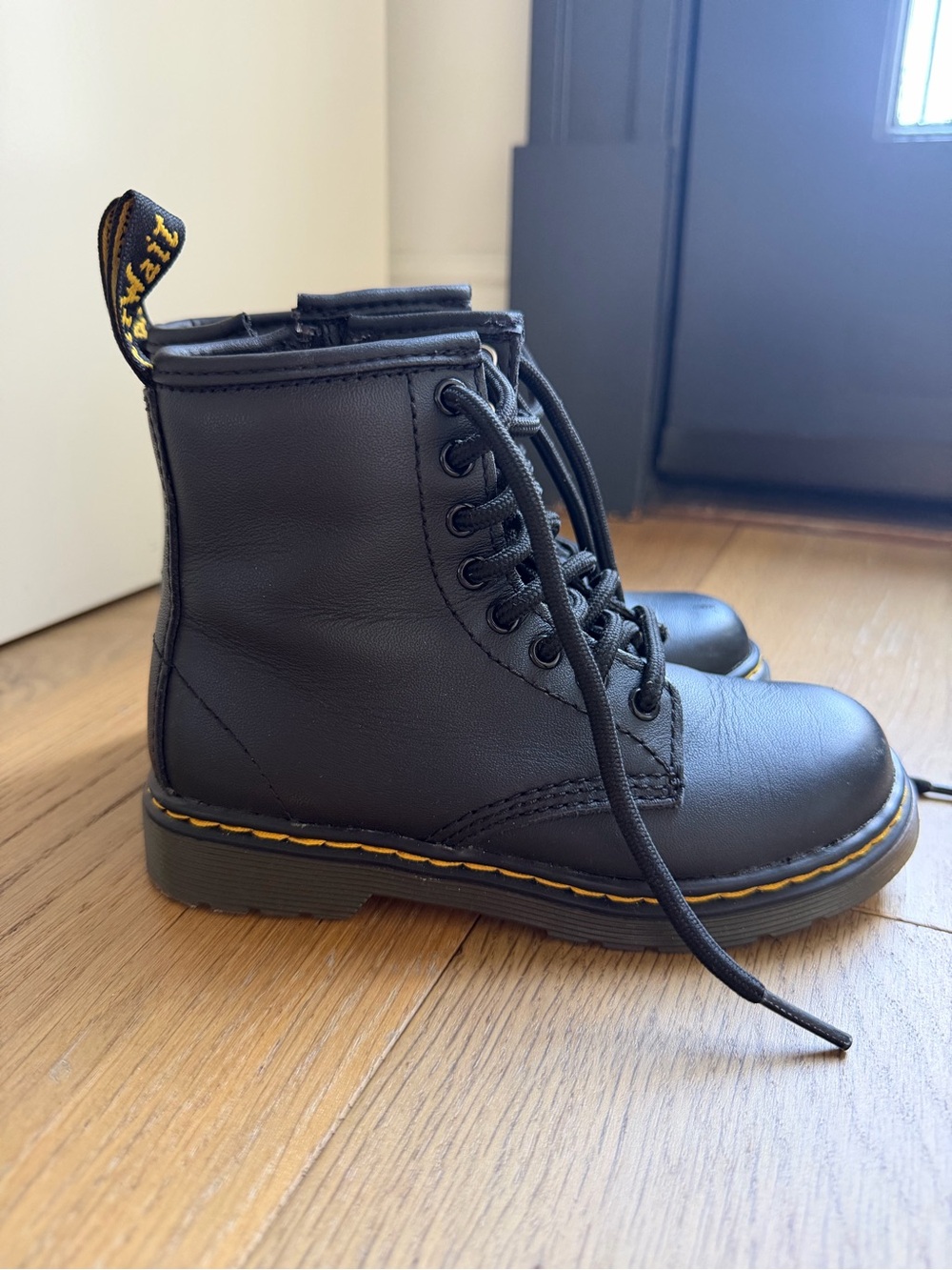 Dr. Martens Kids Black Lace-Up Boots with Yellow Stitching